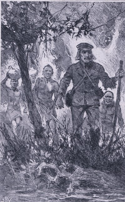 Livingstone skød mod løven, men løven angreb ham og bed hans skulder og brækkede hans venstre arm, Newnes Pictorial Knowledge udgivet af Newnes, ca. 1950