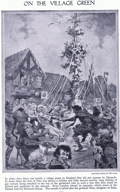 På landsbyens grønne område. Danser omkring majstangen, ca. 1950 af John Harris Valda