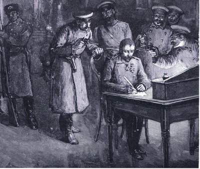 Prins Alexander underskriver sin abdikation 1886, illustration fra Hutchinsons History of the Nations VOL 4 c.1920