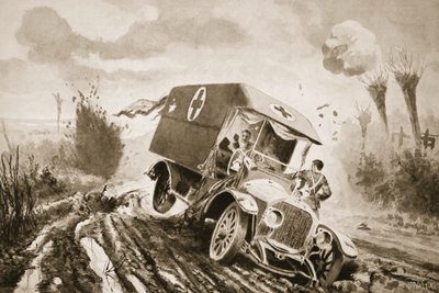 Menig Adams hjælper de sårede i en motorambulance, der var kørt ind i et granathul under beskydning af John Harris Valda