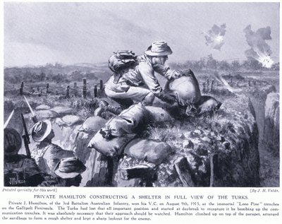 Menig Hamilton konstruerer et shelter med fuld udsigt over tyrkerne ved Lone Pine-skyttegravene på Gallipoli-halvøen august 1915 af John Harris Valda