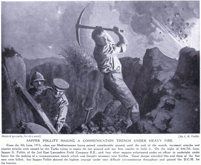 Sapper Pollitt lavede en kommunikationsgrav under kraftig beskydning på Gallipoli-halvøen juni 1915 af John Harris Valda