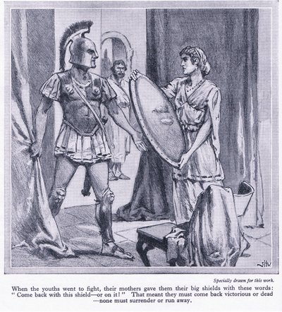 Da spartanske unge gik for at kæmpe, gav deres mor dem deres store skjold med ordene, 2kom tilbage med dette skjold eller på det, ca. 1950 af John Harris Valda