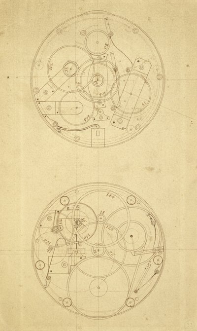 Bevægelsen af H.4, en længdemåler designet og tegnet af John Harrison, ca. 1760-72 (blæk på papir) af John Harrison