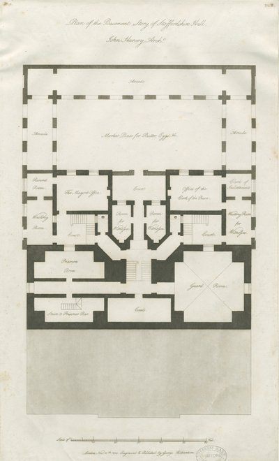 Stafford - Plan over Basement Story of Shire Hall: gravering, nd [1794-1798] (tryk) af John Harvey