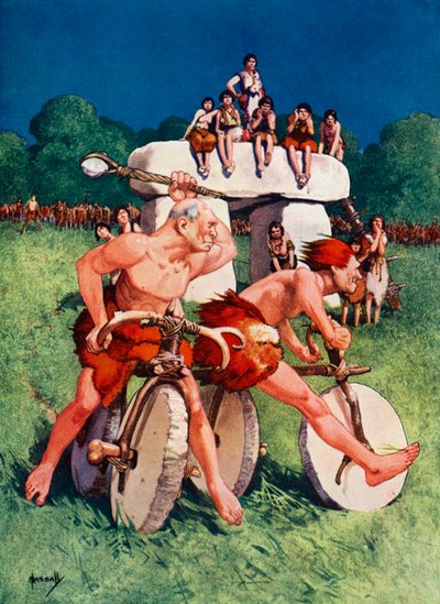 Et forhistorisk jordbaneløb (farvelitografi) af John Hassall