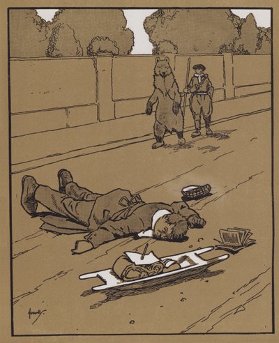 "I dagtimerne er der intet som den gode gammeldags sikring af at skæmme døde" (farve litho) af John Hassall