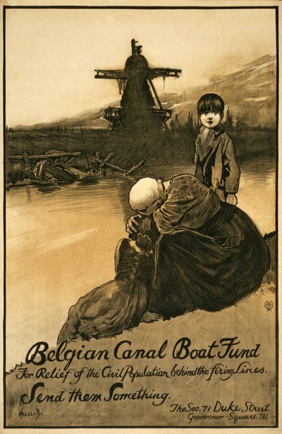 Indsamlingskampagne for Belgian Canal Boat Fund, pub. 1914-18 (farve litho) af John Hassall