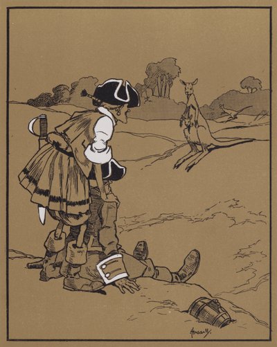Opdagelsen af kænguruen (farve litho) af John Hassall