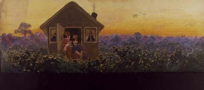 Trætoppene ved solnedgang et år senere: Peter i det lille hus med Wendy på sit årlige forårsrengøringsbesøg, illustration til 