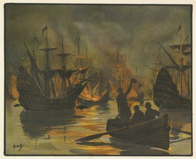 Den uovervindelige Armada angrebet af ildskibe (farve litho) af John Hassall