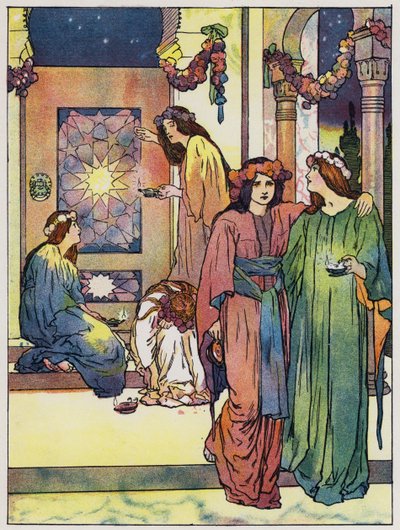 Jomfruerne rejser sig og trimmer deres lamper (farve litho) af John Hassall