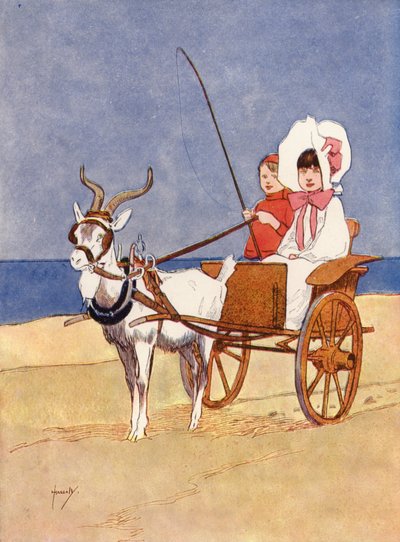 "Onkel Reggie lejede gede-chaiselongen til os" (farve litho) af John Hassall
