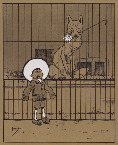 "Besøgende, der stikker hænderne gennem skinnerne, rådes til at se, at de får dem tilbage" (farve litho) af John Hassall