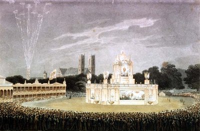 Fyrværkeri afholdt i Green Park for at fejre Napoleons nederlag, indgraveret af Matthew Dubourg pub. 1814 (gravering) af John Heaviside (after) Clark