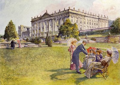 Chatsworth House (farve litho) af John Henry Frederick (after) Bacon