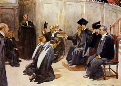 Tildeling af grader i Sheldonian Theatre, Oxford (farve litho) af John Henry Frederick (after) Bacon