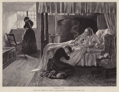 Forgiven, maleri af John H Bacon udstillet på Royal Academy i 1891 (litho) af John Henry Frederick (after) Bacon