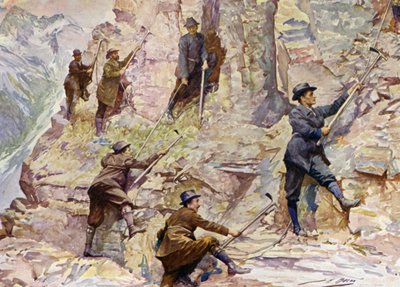 Bjergbestigning i British Columbia (farve litho) af John Henry Frederick (after) Bacon