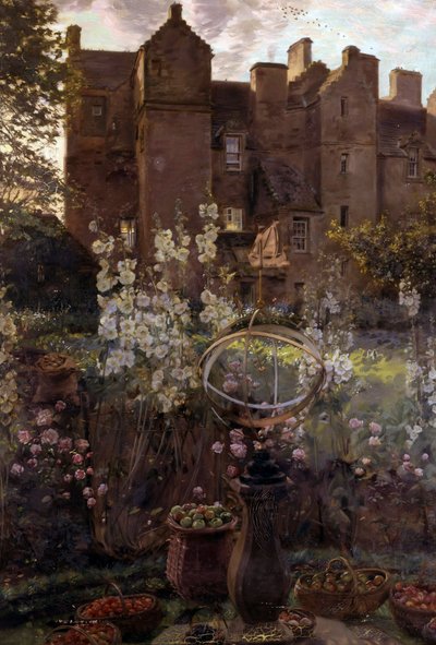 Kellie Castle, Fife, Skotland. Skotsk slot med stillebenskulptur og frugtkurv i forgrunden. Maleri af John Henry Lorimer (1856-1936, britisk) Privat samling af John Henry Lorimer