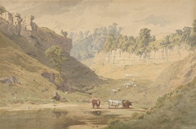 Kvæg ved et vandhul i en dal, 1830-86. af John Henry Mole