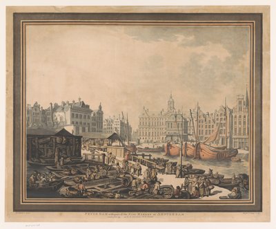 Udsigt over fiskemarkedet på Dam-pladsen i Amsterdam Feyge Dam med en del af fiskemarkedet i Amsterdam (titel på objekt) af John Henry Wright