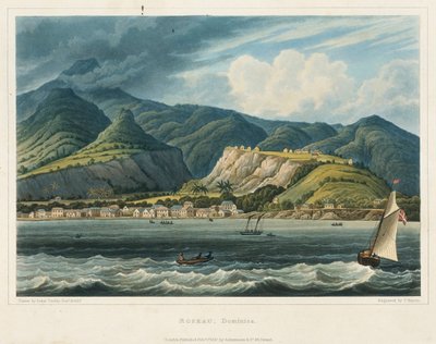 Byen Roseau, Dominique (Caraibes). Litografi (32,2x46,6 cm) af løjtnant John Herbert Caddy (1801-1883) af John Herbert Caddy