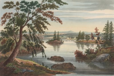 Udsigt nær Fort Miller nr. 10 blev senere ændret til nr. 9 i Hudson River Portfolio, 1822. af John Hill