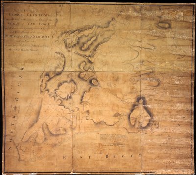 Til hans excellence George Clinton, Esq. . . .Denne plan for byen New York og dens omegn. . ., 1785 (sort og farvet blæk, sort blyant og farvevask på papir bakket med klud) af John Hills