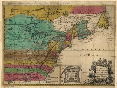 Et kort over de britiske og franske bosættelser i Nordamerika. LOC 77690484 af John Hinton