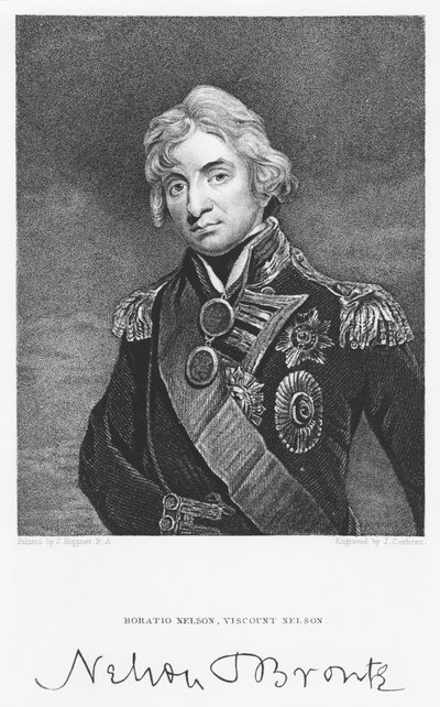 Portræt af admiral Horatio Nelson med hans signatur, indgraveret af John Cochran (fl.1821-65) af John Hoppner