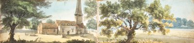 Den gamle Eltham-kirke og et egetræ, Kent (akvarel) af John Inigo Richards