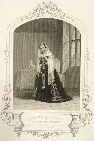 Madame Celeste som prinsesse Katherine, Akt V, scene 2 i "Henry V", fra et daguerreotypi, graveret af George Hollis (1792-1842), udgivet af John Tallis und Co. af John Jabez Edwin Paisley Mayall