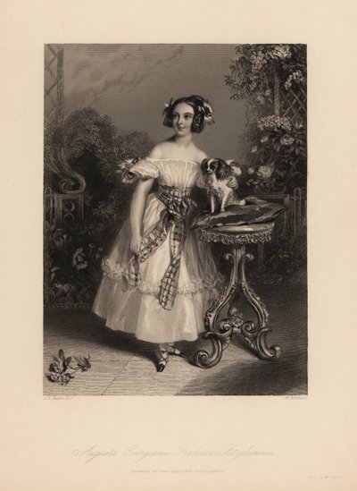 Augusta Georgina Frederica Fitzclarence, datter af Lord Frederic Fitzclarence, uægte søn af kong William IV. Hun bærer sit hår i ringlets og bånd, og bærer en off-the-shoulder kjole bundet med et skærv, holder en King Charles spaniel på en pude af John James (after) Chalon