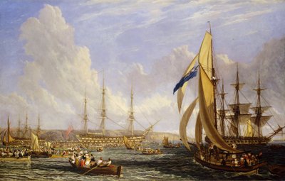 Maritim scene foran Plymouth (England) i august 1815. Olie på lærred af John James Chalon