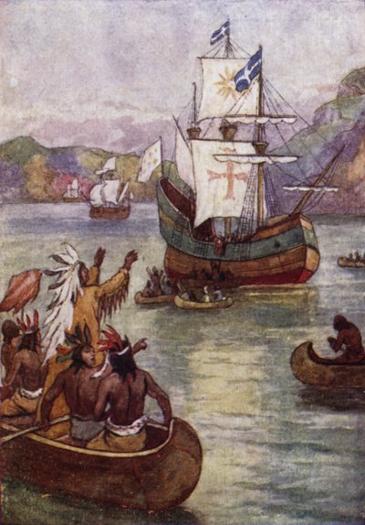 Den franske opdagelsesrejsende Jacques Cartiers skibe på St Lawrence-floden, Canada af John Jellicoe