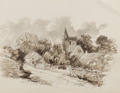 Kewstoke Church and Village, Weston Super Mare, Somerset, 1882 (pen, pensel og blæk på papir) af John Joseph Barker