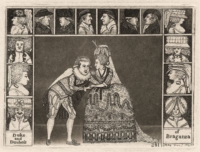 Mary Ann Yates og Laurence Clinch spiller hertugen og hertuginden af Braganza i Braganza omgivet af medlemmer af publikum. 1785 af John Kay