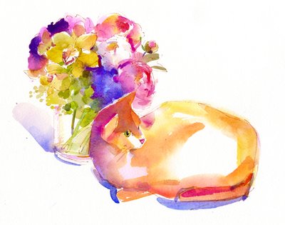 Orange kat med blomster, 2014, (akvarel) af John Keeling