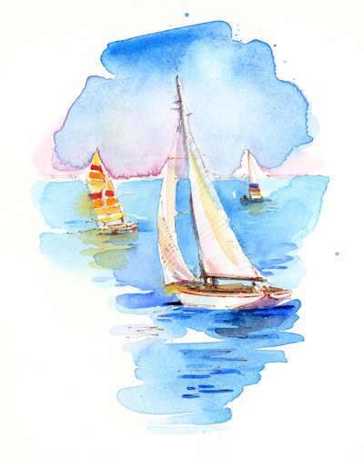 Sejlbåde, 2017, (akvarel) af John Keeling