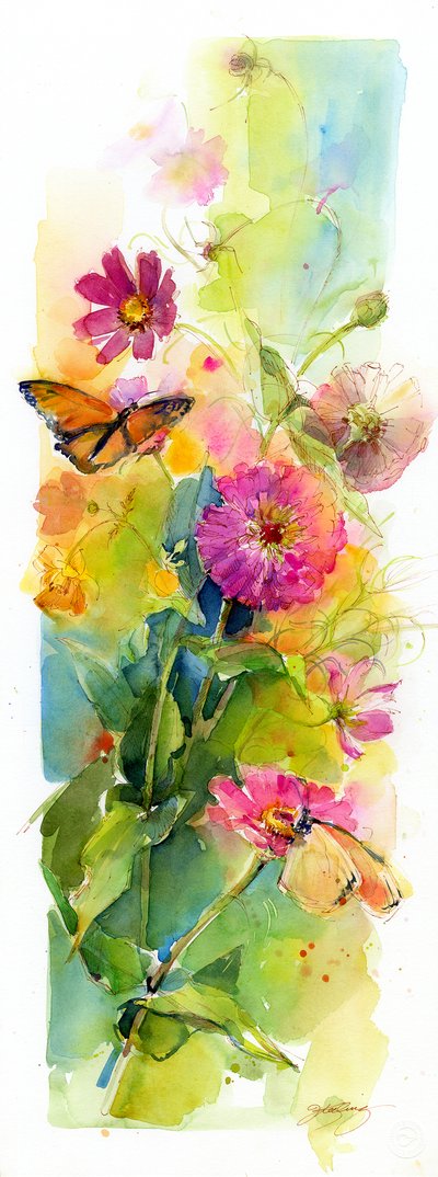 Zinniaer og sommerfugle, 2015, (akvarel) af John Keeling