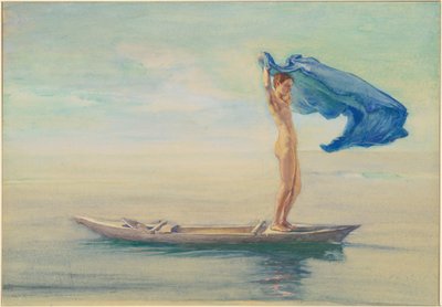 Pige i stævn af kano breder sit lændeklæde ud for et sejl, Samoa af John La Farge