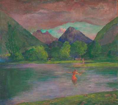 Indgangen til Tautira-floden, Tahiti. Fisker, der spyder en fisk af John La Farge