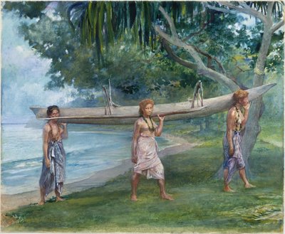 Piger bærer en kano, Vaiala i Samoa af John La Farge or Lafarge