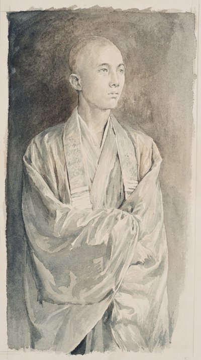 Portræt af en præst ved Temple of Lyemitsu, Nikko, ca. 1888 (sepia vask på papir) af John La Farge or Lafarge