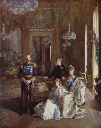King George V, Queen Mary, the Prince of Wales and Princess Mary in the White Drawing Room, Buckingham Palace, London, 1913dani af John Lavery