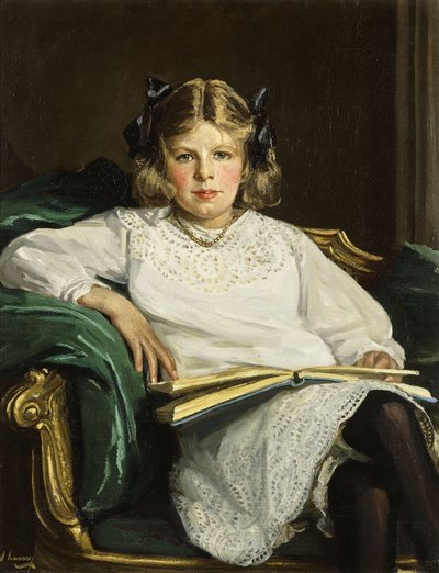 Portrait of Betty, three-quarter length seated, reading a Bookdani af John Lavery
