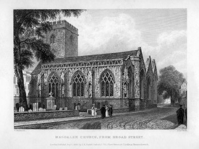 Magdalen Church, fra Broad Street, Oxford, 1833. af John Le Keux