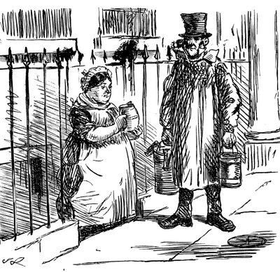 En tegneserie, der kommenterer, at mælkens udvanding nåede så store proportioner, at der måtte indføres lovgivning for at kontrollere det. Illustreret af John Leech (1817-1864), en engelsk karikaturtegner og illustrator af John Leech