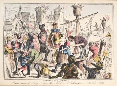 Indskibning af Henry V. i Southampton, AD 1415, fra The Comic History of England, pub. 1864 (håndfarvet radering) af John Leech